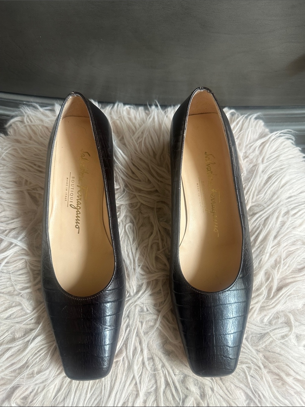 Salvatore Ferragamo Black Croc-Embossed Square-Toe Flats